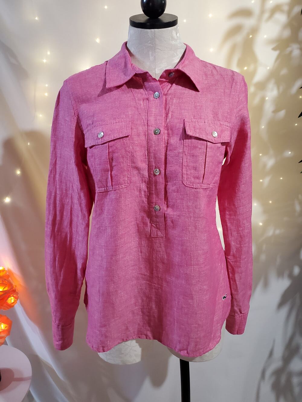 Vineyard Vines Camp Popover Linen 1/2 Shell Button Pink Shirt Womens Size 4 Top